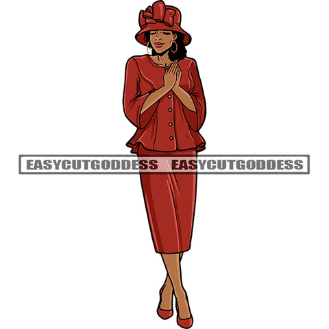 African American Beautiful Woman Standing Wearing Hat And Hoop Earing Red Color Dress Design Element Vector White Background SVG JPG PNG Vector Clipart Cricut Silhouette Cut Cutting