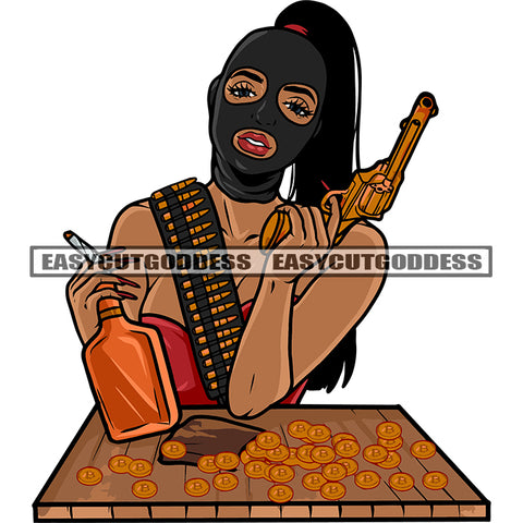African American Woman Holding Gun And Wine Bottle Gold Coin On Table Afro Woman Wearing Ski Mask Design Element SVG JPG PNG Vector Clipart Cricut Silhouette Cut Cutting