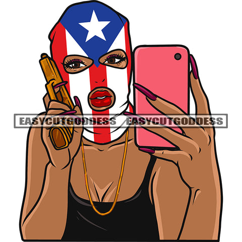 African American Gangster Woman Hand Holding Gun And Phone Design Element Woman Wearing Flag Mask White Background Long Nail SVG JPG PNG Vector Clipart Cricut Silhouette Cut Cutting