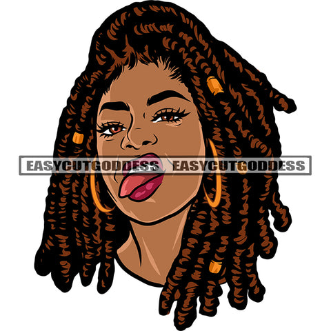 African American Woman Face Design Element Tongue Out Of Mouth Wearing Hoop Earing Vector Locus Hairstyle SVG JPG PNG Vector Clipart Cricut Silhouette Cut Cutting