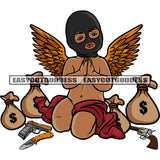 African American Baby Angle Boy Hard Praying Hand Angle Wearing Ski Mask Vector Design Element Money And Gun Bag On Floor SVG JPG PNG Vector Clipart Cricut Silhouette Cut Cutting