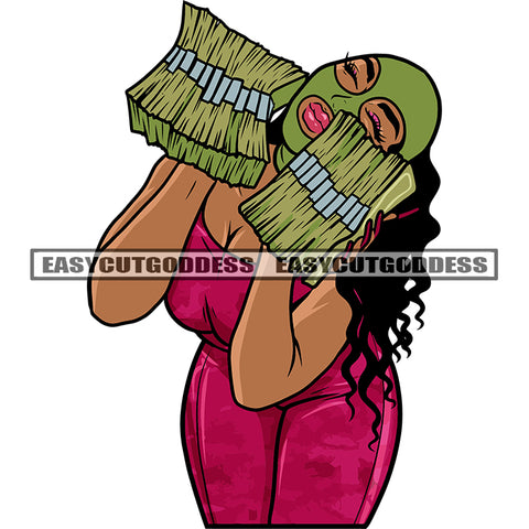 African American Gangster Woman Hand Holding Money Bundle Design Element Wearing Ski Mask Curly Hairstyle White Background Sexy Pose SVG JPG PNG Vector Clipart Cricut Silhouette Cut Cutting