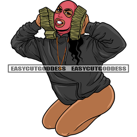Sexy Woman Hand Holding Money Bundle African American Woman Sitting Pose Wearing Ski Mask Vector Design Element Afro Woman Smile Face SVG JPG PNG Vector Clipart Cricut Silhouette Cut Cutting
