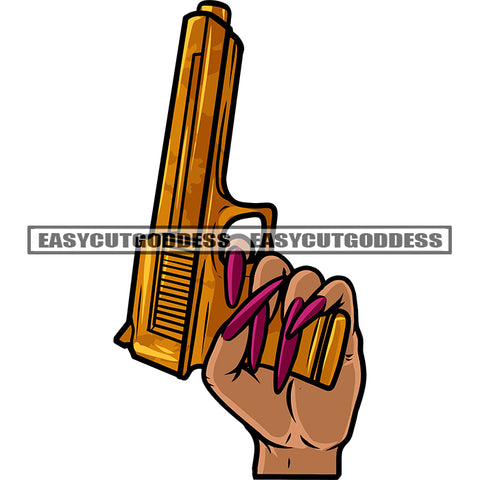 African American Gangster Woman Hand Holding Gun Golden Color Design Element Woman Hand Long Nail Vector White Background SVG JPG PNG Vector Clipart Cricut Silhouette Cut Cutting