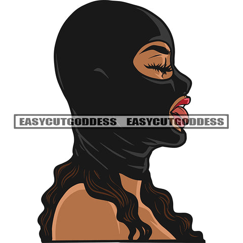 Gangster African American Woman Wearing Ski Mask Sexy Pose Design Element Afro Woman Side Face Close Eyes White Background Curly Long Hairstyle SVG JPG PNG Vector Clipart Cricut Silhouette Cut Cutting