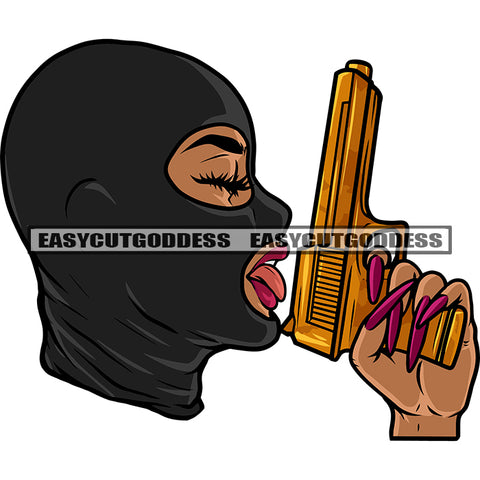 Sexy Woman Wearing Ski Mask Close Eyes Hand Holding Golden Gun African American Gangster Woman Head Design Element White Background SVG JPG PNG Vector Clipart Cricut Silhouette Cut Cutting