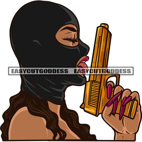 Gangster African American Woman Hand Holding Gun Pistol Afro Woman Wearing Ski Mask Vector Design Element Tongue Out Of Mouth White Background SVG JPG PNG Vector Clipart Cricut Silhouette Cut Cutting
