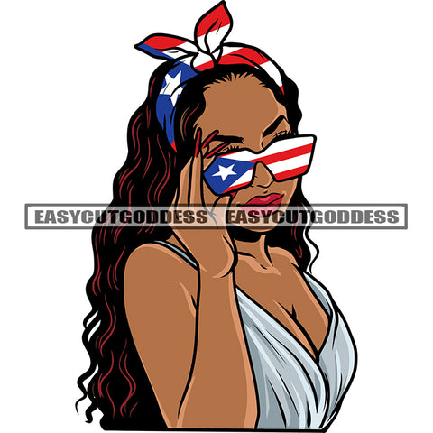 Gangster African American Woman Wearing USA Flag Design Sunglass And Hair Band Curly Hair Style Afro Sexy Woman Design Element SVG JPG PNG Vector Clipart Cricut Silhouette Cut Cutting