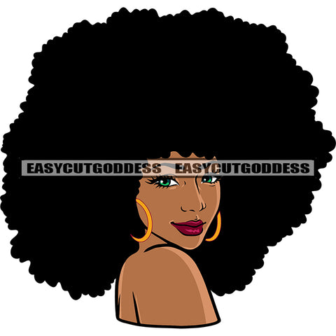 Gangster African American Woman Smile Face Wearing Hoop Earing Puffy Hairstyle Design Element Afro Woman Side Look SVG JPG PNG Vector Clipart Cricut Silhouette Cut Cutting