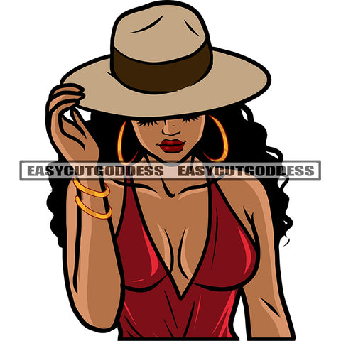 Sexy Gangster African American Woman Hand Holding Hat Wearing Hoop Earing Design Element White Background Wearing Sexy Dress SVG JPG PNG Vector Clipart Cricut Silhouette Cut Cutting