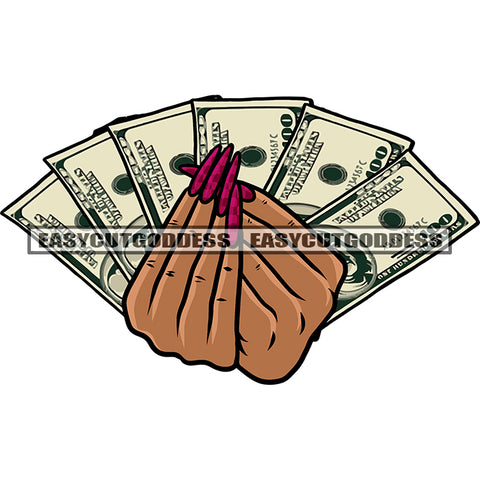 Gangster African American Woman Hand Holding Money Note Afro Woman Long Nail Design Element Dollar White Background SVG JPG PNG Vector Clipart Cricut Silhouette Cut Cutting