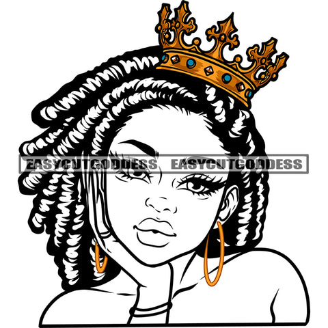 Black And White Gangster African American Woman Head Design Element Smile Face Crown On Head Wearing Hoop Earing Vector SVG JPG PNG Vector Clipart Cricut Silhouette Cut Cutting