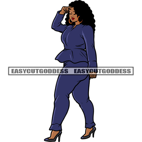Gangster African American Woman Standing Afro Woman Standing Curly Hairstyle Design Element White Background Afro Woman Wearing Hoop Earing Business Woman SVG JPG PNG Vector Clipart Cricut Silhouette Cut Cutting