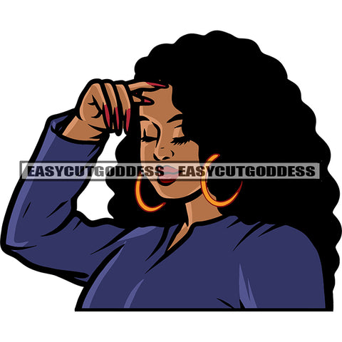 African American Woman Side Face Design Element Curly Long Hairstyle Close Eyes Wearing Hoop Earing White Background SVG JPG PNG Vector Clipart Cricut Silhouette Cut Cutting