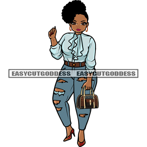 Gangster African American Woman Standing Hand Holding Small Bag Design Element Curly Short Hairstyle Wearing Hoop Earing White Background Afro Woman Cute Face SVG JPG PNG Vector Clipart Cricut Silhouette Cut Cutting