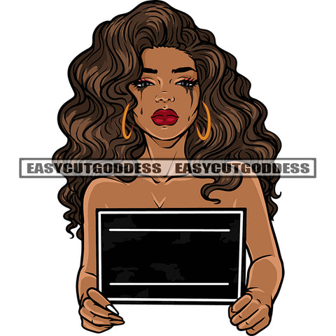 African American Woman Hand Holding Banner Design Element Afro Curly Hairstyle Wearing Hoop Earing Afro Woman Sexy Pose White Background SVG JPG PNG Vector Clipart Cricut Silhouette Cut Cutting