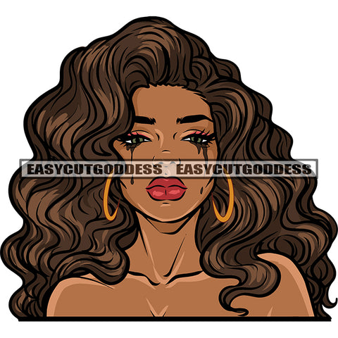 Gangster African American Woman Face Design Element Curly Long Hairstyle Wearing Hoop Earing Vector Afro Woman Crying Blood Dripping On Eye Vector SVG JPG PNG Vector Clipart Cricut Silhouette Cut Cutting