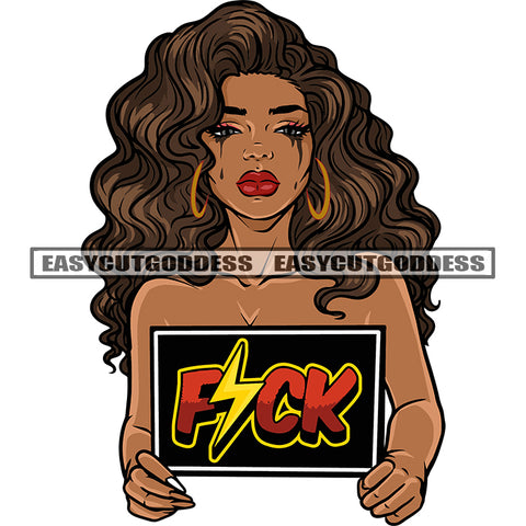 Fuck Quote African American Woman Hand Holding Banner Design Element Afro Curly Hairstyle Wearing Hoop Earing Woman Crying Blood Dripping On Eye White Background SVG JPG PNG Vector Clipart Cricut Silhouette Cut Cutting