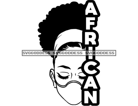 Half Face Black Woman Headband Wearing A Mask African In BW SVG JPG PNG Vector Clipart Cricut Silhouette Cut Cutting
