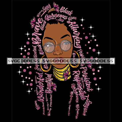 Afro Black Woman Goddess Sexy  Black Woman Pink Words In Hair Pink Glasses SVG JPG PNG Vector Clipart Cricut Silhouette Cut Cutting