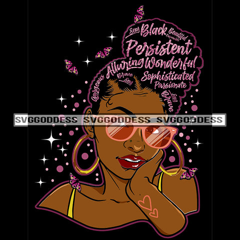 Black Queen With Positive Words In Hair Pink Purple SVG JPG PNG Vector Clipart Cricut Silhouette Cut Cutting