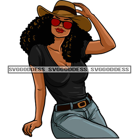 Black Woman In Cowboy Hat Top And Jeans Red Sunglasses SVG JPG PNG Vector Clipart Cricut Silhouette Cut Cutting