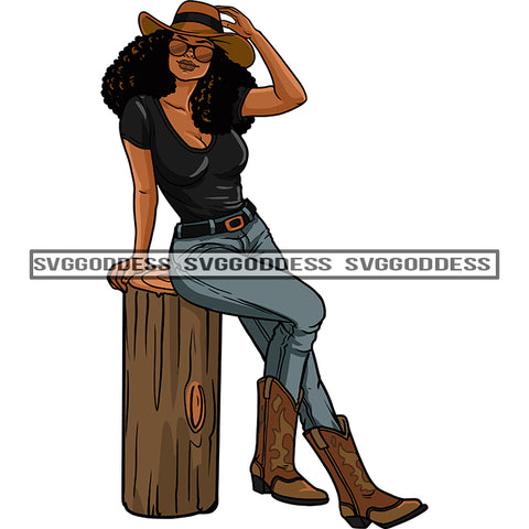 Black Woman In Cowboy Boots And Hat Top And Jeans Sitting On Tree Stump SVG JPG PNG Vector Clipart Cricut Silhouette Cut Cutting