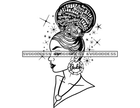 Goddess Black Woman Big Afro Words Of Encouragement In Hair Starred Background in BW SVG JPG PNG Vector Clipart Cricut Silhouette Cut Cutting