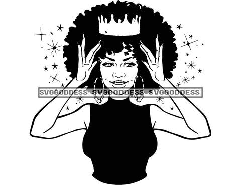 Crowned Black Queen in BW Smiling SVG JPG PNG Vector Clipart Cricut Silhouette Cut Cutting