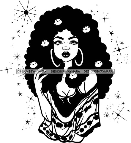 Melanin Afro Woman Flowers Hair Sparkles Nubian Pretty African Lady Hoop Earrings B/W SVG JPG PNG Vector Clipart Cricut Cutting Files