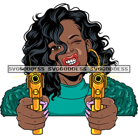 Afro Black Woman With Guns Blazing Long Hair Hood Teeth Turquoise Top Bamboo Earrings  SVG JPG PNG Vector Clipart Cricut Silhouette Cut Cutting