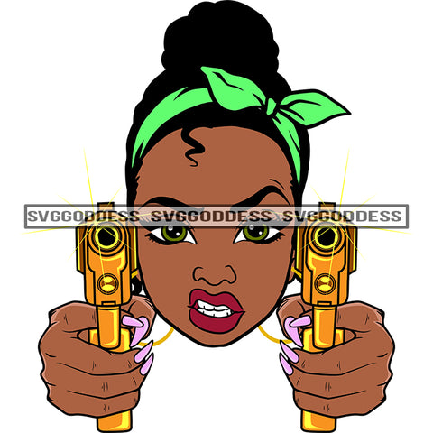 Afro Black Woman With Guns Blazing Green Headwrap Headband Hood  Snarling SVG JPG PNG Vector Clipart Cricut Silhouette Cut Cutting