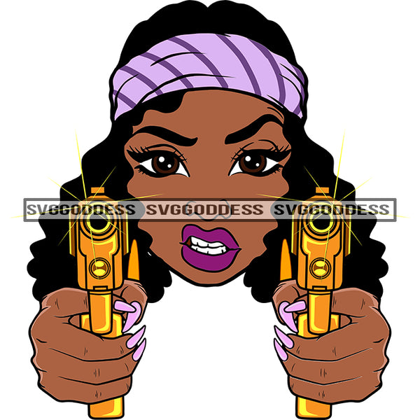 Afro Black Woman With Guns Blazing Headwrap Hood  Snarling Purple SVG JPG PNG Vector Clipart Cricut Silhouette Cut Cutting