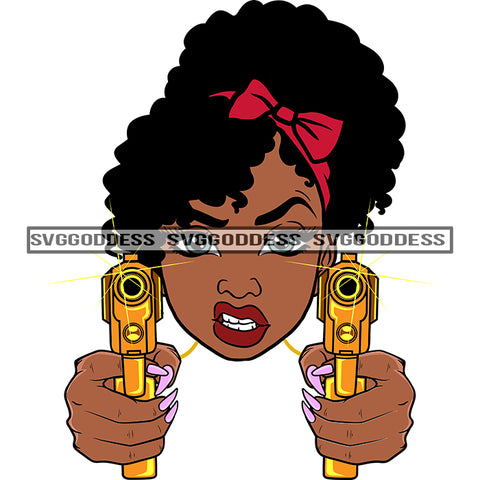 Afro Black Woman With Guns Blazing Headwrap Hood  Snarling Red Wrap SVG JPG PNG Vector Clipart Cricut Silhouette Cut Cutting