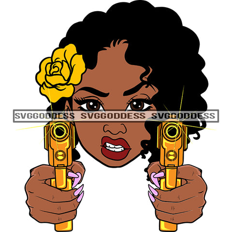 Afro Black Woman With Guns Blazing  Hood  Snarling Yellow Flower SVG JPG PNG Vector Clipart Cricut Silhouette Cut Cutting