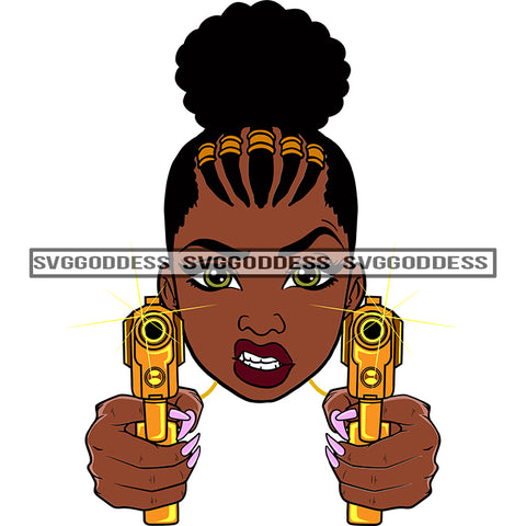 Afro Black Woman With Guns Blazing  Hood  Snarling Braids Hair Bun SVG JPG PNG Vector Clipart Cricut Silhouette Cut Cutting