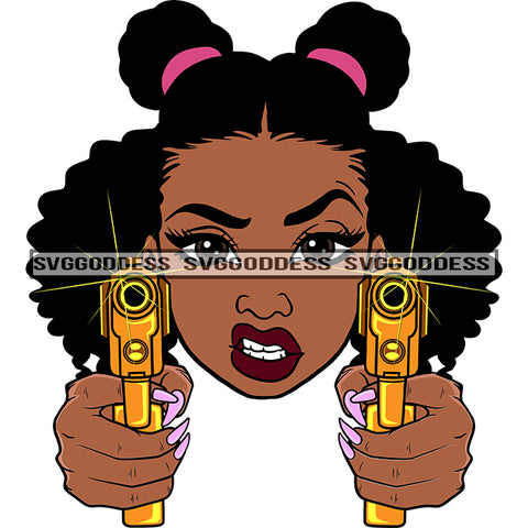 Afro Black Woman With Guns Blazing  Hood  Snarling Curly Hair Buns Pink SVG JPG PNG Vector Clipart Cricut Silhouette Cut Cutting