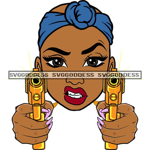Afro Black Woman With Guns Blazing  Hood  Snarling Bald Blue Headwrap SVG JPG PNG Vector Clipart Cricut Silhouette Cut Cutting