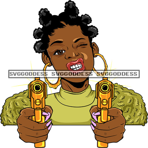Afro Black Woman With Guns Blazing Afro Puffs Hood Teeth Yellow Top Bamboo Earrings  SVG JPG PNG Vector Clipart Cricut Silhouette Cut Cutting