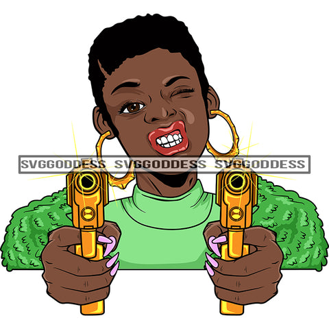 Afro Black Woman With Guns Blazing Short Afro Hair Hood Teeth Green Top Bamboo Earrings  SVG JPG PNG Vector Clipart Cricut Silhouette Cut Cutting