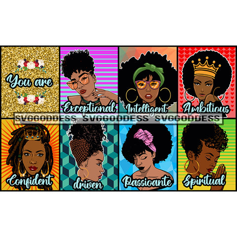 Afro Black Goddess Women 7 Ladies You Are Exceptional Intelligent Ambitious Confident Driven Passionate Spiritual JPG PNG Vector Clipart Cricut Silhouette Cut Cutting