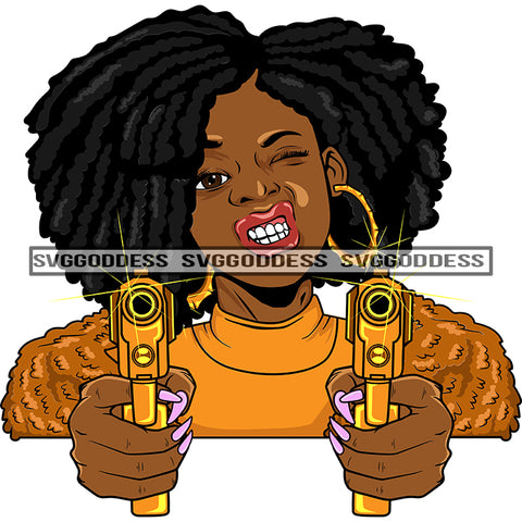 Afro Black Woman With Guns Blazing Big Afro Hood Teeth Gold Orange Top Bamboo Earrings  SVG JPG PNG Vector Clipart Cricut Silhouette Cut Cutting