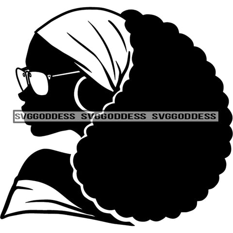 Afro Woman Silhouette Sideview Afro Hair Black Hair Headwrap Sunglasses Black And White SVG JPG PNG Vector Clipart Cricut Silhouette Cut Cutting