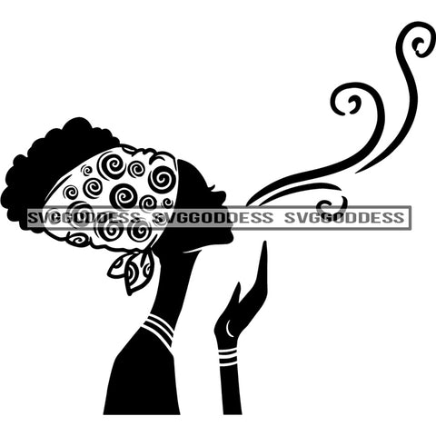 Afro Woman Silhouette Black And White Headwrap Swirls Whisper SVG JPG PNG Vector Clipart Cricut Silhouette Cut Cutting