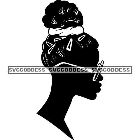 Afro Woman Silhouette Black And White Hair Bun Hair Headwrap Hair Clips SVG JPG PNG Vector Clipart Cricut Silhouette Cut Cutting