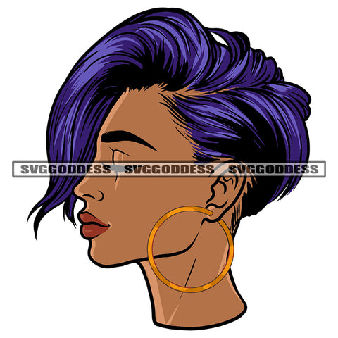 Gangster African American Woman Side Face Design Element Afro Woman Wearing Hoop Earing Blue Color Design Element Woman Close Eyes Vector White Background SVG JPG PNG Vector Clipart Cricut Silhouette Cut Cutting