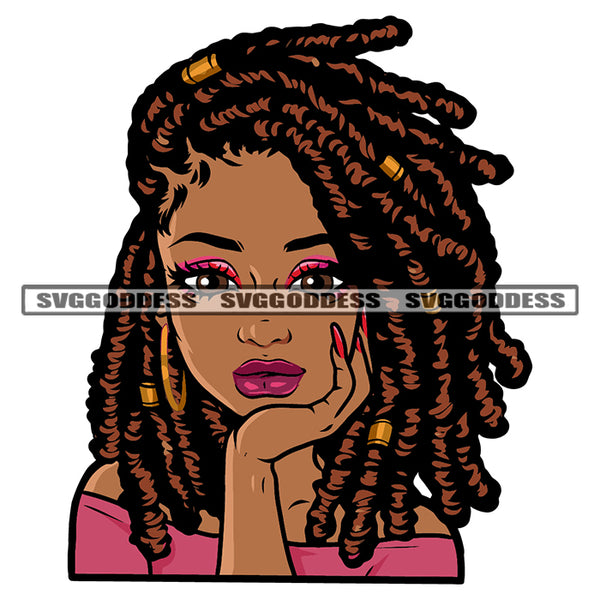 Young Beautiful Girl Head Design Element Melanin Woman Locus Hair Style Cute Face Long Nail White Background Cute Beautiful Face SVG JPG PNG Vector Clipart Cricut Cutting Files