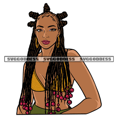 African American Woman Wearing Sexy Dress Locus Long Hairstyle Smile Face Design Element Wearing Hoop Earing White Background SVG JPG PNG Vector Clipart Cricut Silhouette Cut Cutting