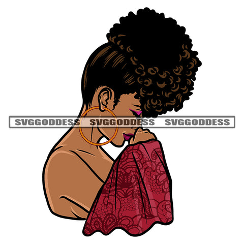 African American Woman Thinking Pose Curly Hairstyle Wearing Hoop Earing Close Eyes Design Element White Background SVG JPG PNG Vector Clipart Cricut Silhouette Cut Cutting