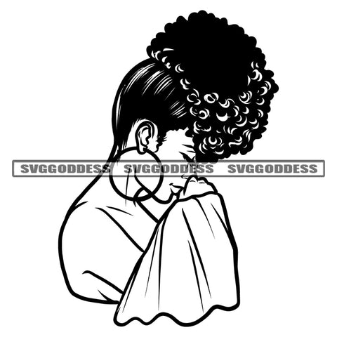 Black And White African American Woman Thinking Pose Curly Hairstyle Wearing Hoop Earing Close Eyes Design Element White Background BW SVG JPG PNG Vector Clipart Cricut Silhouette Cut Cutting